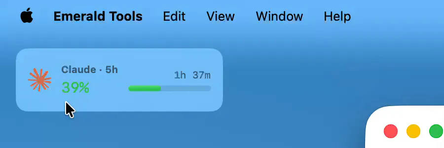 Mac のデスクトップの左上隅に置かれた Claude 使用量ウィジェット。5時間ウィンドウの見出しと 39% の緑色の数値、リセットまでの残り 1時間37分、細いバーが 1 行に並んでいる。掲載しているのは英語 UI の画面です。