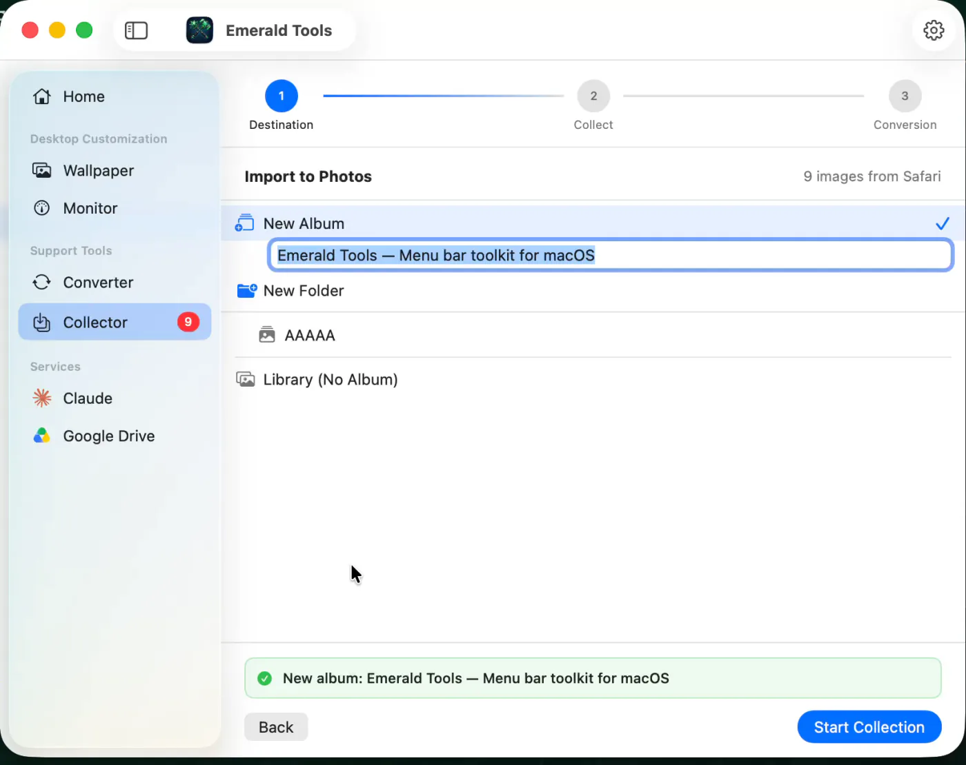 Emerald Tools のダッシュボードのコレクターの画面。上部に「保存先 → 収集 → 変換」の 3 段のステップ表示、「写真に読み込む」の見出しの右に Safari から届いた枚数、その下に新規アルバム・新規フォルダ・既存アルバム・アルバムなしの選択肢が並び、右下に「収集開始」のボタンがある。左のサイドバーでは「サポートツール」の見出しの下に Collector が選ばれている。掲載しているのは英語 UI の画面です。