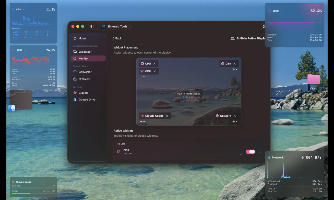Mac のデスクトップの三隅に Emerald Tools のウィジェットが表示されている画面。左上にコアごとのバーを開いた CPU と使用率の内訳を開いた GPU、右上にディスク、右下にネットワークが並び、中央にはアプリのダッシュボードが Monitor の画面で開いていて、四隅にウィジェット名を割り当てた「ウィジェット配置」の図が見えている。掲載しているのは英語 UI の画面です。
