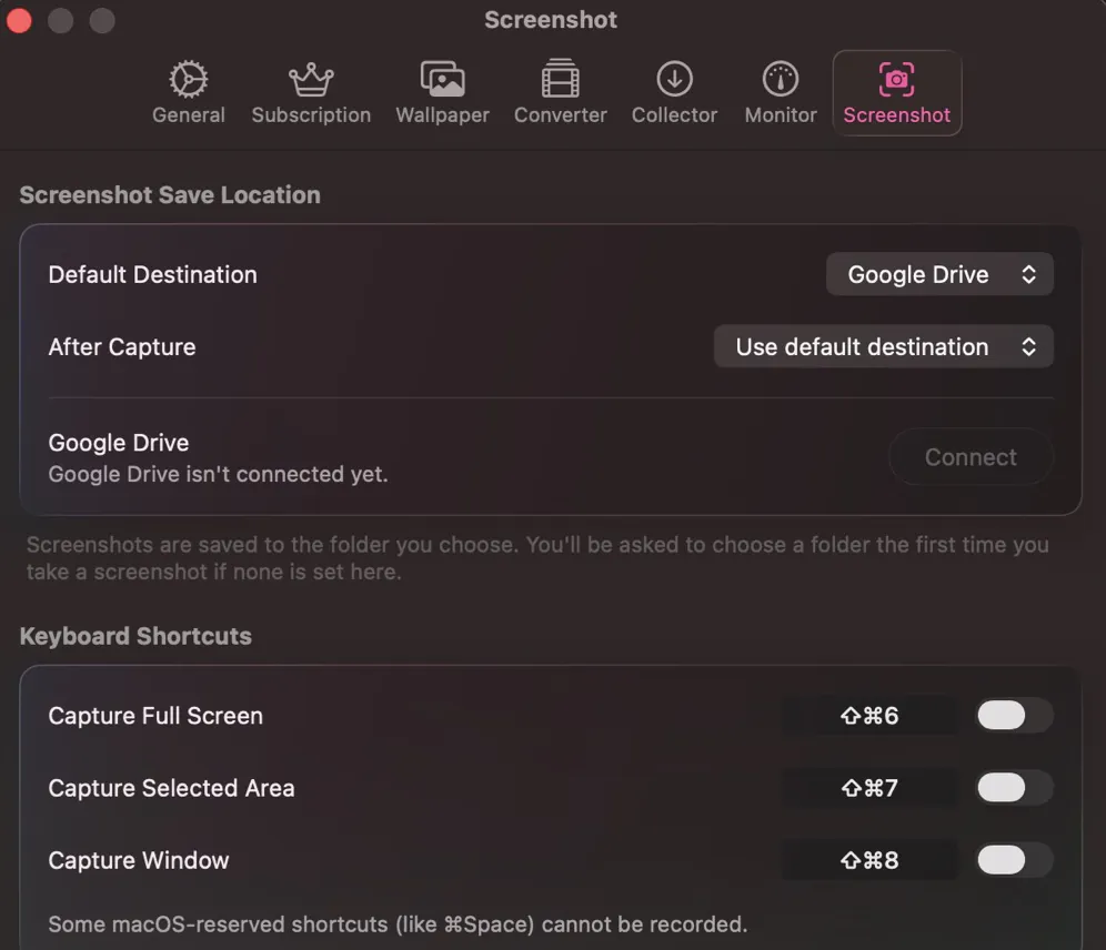 Emerald Tools の設定ウィンドウの「スクリーンショット」タブ。既定の保存先が Google Drive に、撮影後の動作が既定の保存先を使う設定になっており、全画面・選択範囲・ウィンドウの各撮影にキーボードショートカットが並んでいる。掲載しているのは英語 UI の画面です。